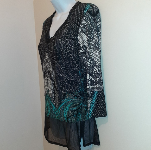 Frank Lyman Blouse 🇨🇦 Size 8, Black &Turquoise - Picture 2 of 9